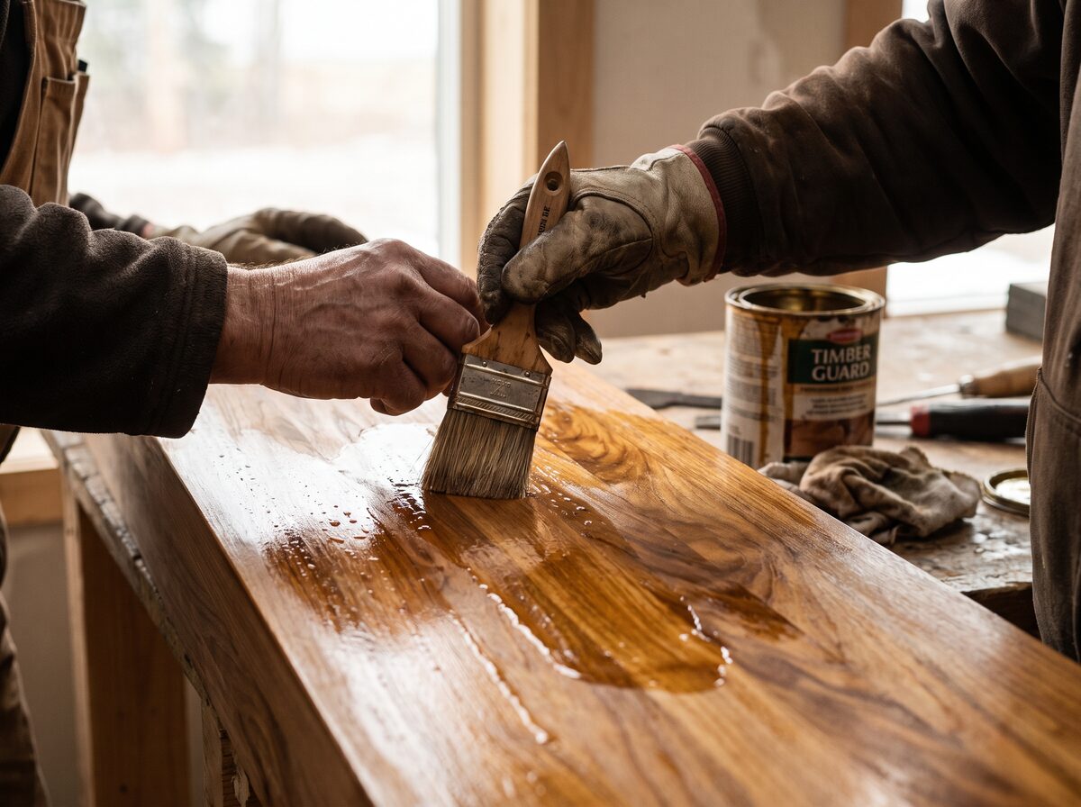 Applying protective oil to a glulam wall