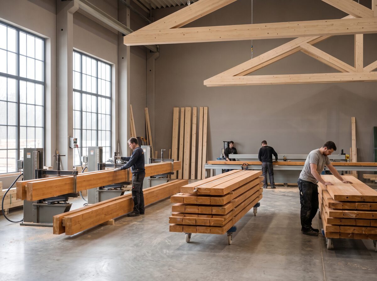 Glulam beams in a timber workshop